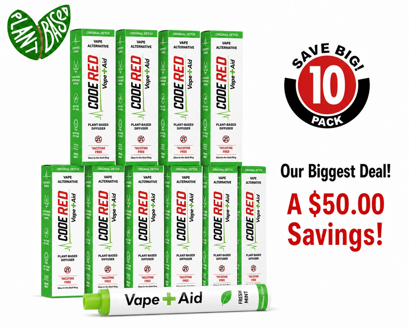 Vape+Aid Fresh Mint Original Detox 10-pack, plant-based nicotine-free diffuser, $50 savings bundle.