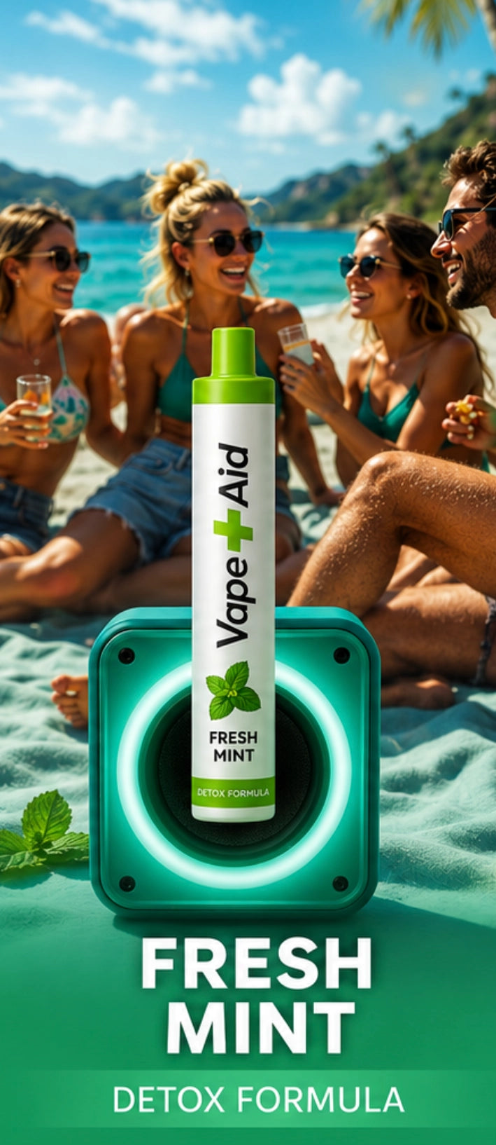 Vape+Aid Fresh Mint Detox Formula diffuser in front of a speaker at the beach, with friends relaxing in the background.