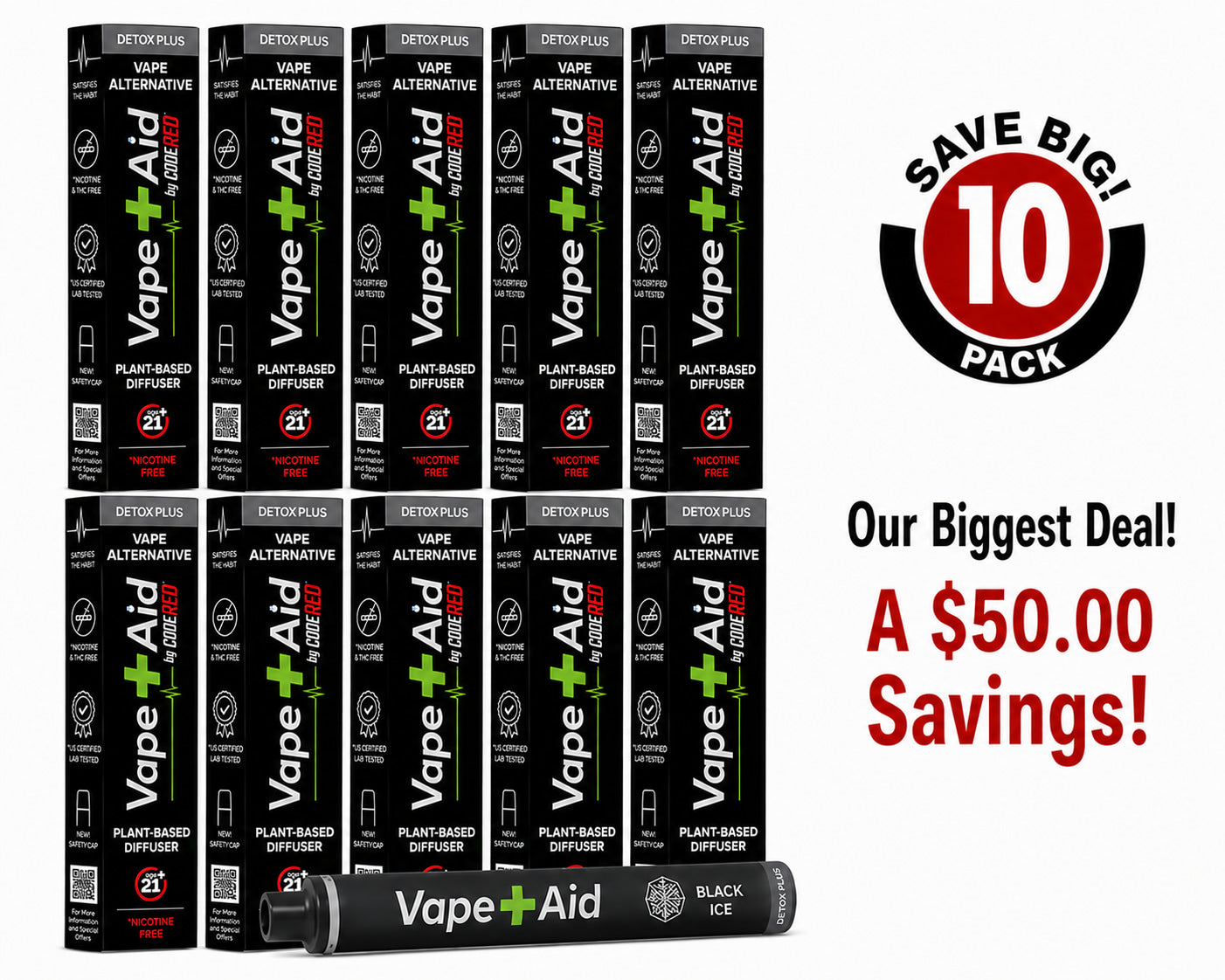 Vape+Aid Code Red Black Ice Detox Plus Blend 10-pack, plant-based nicotine-free diffuser, $50 savings bundle.
