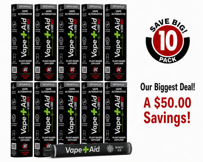 Vape+Aid Code Red Black Ice Detox Plus Blend 10-pack, plant-based nicotine-free diffuser, $50 savings bundle.