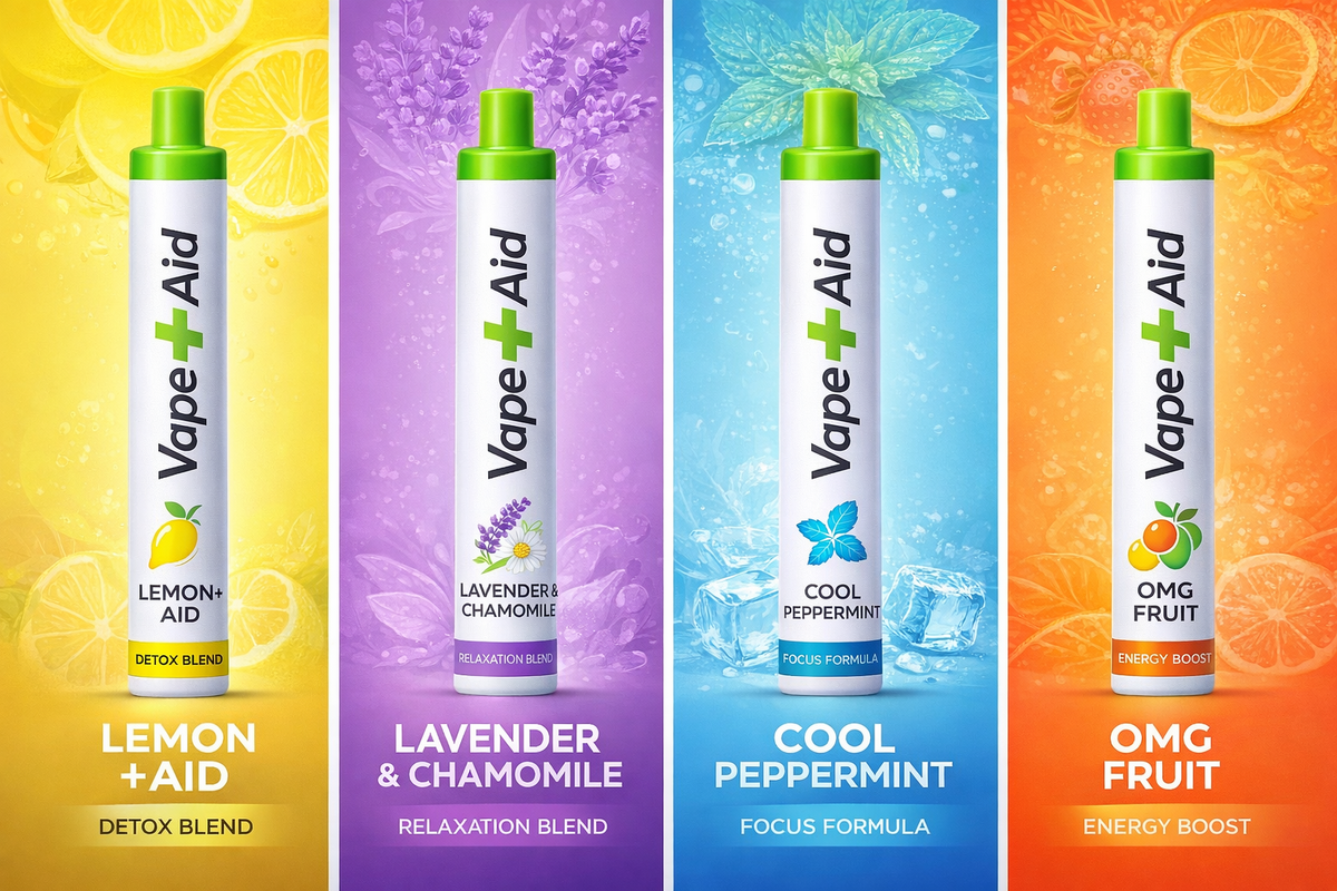 Four Vape+Aid diffusers with different flavors on colorful backgrounds