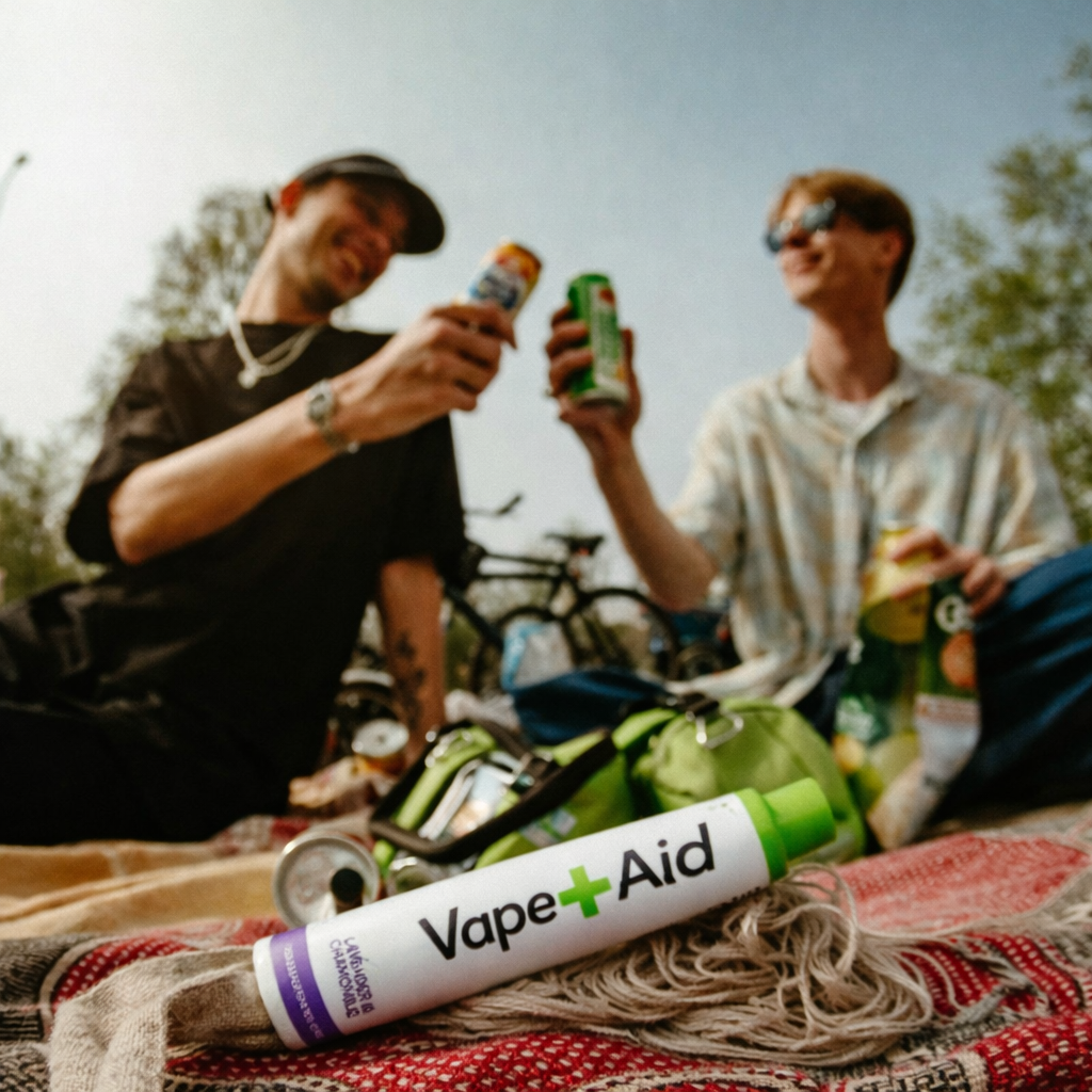 Two men outdoors with a Vape+Aid product on a picnic blanket
