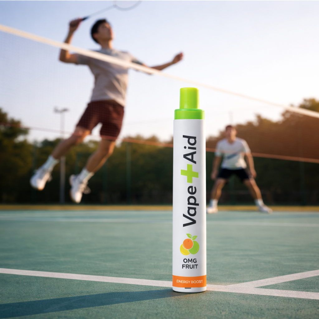 Vape+Aid diffuser on a tennis court with people playing in the background