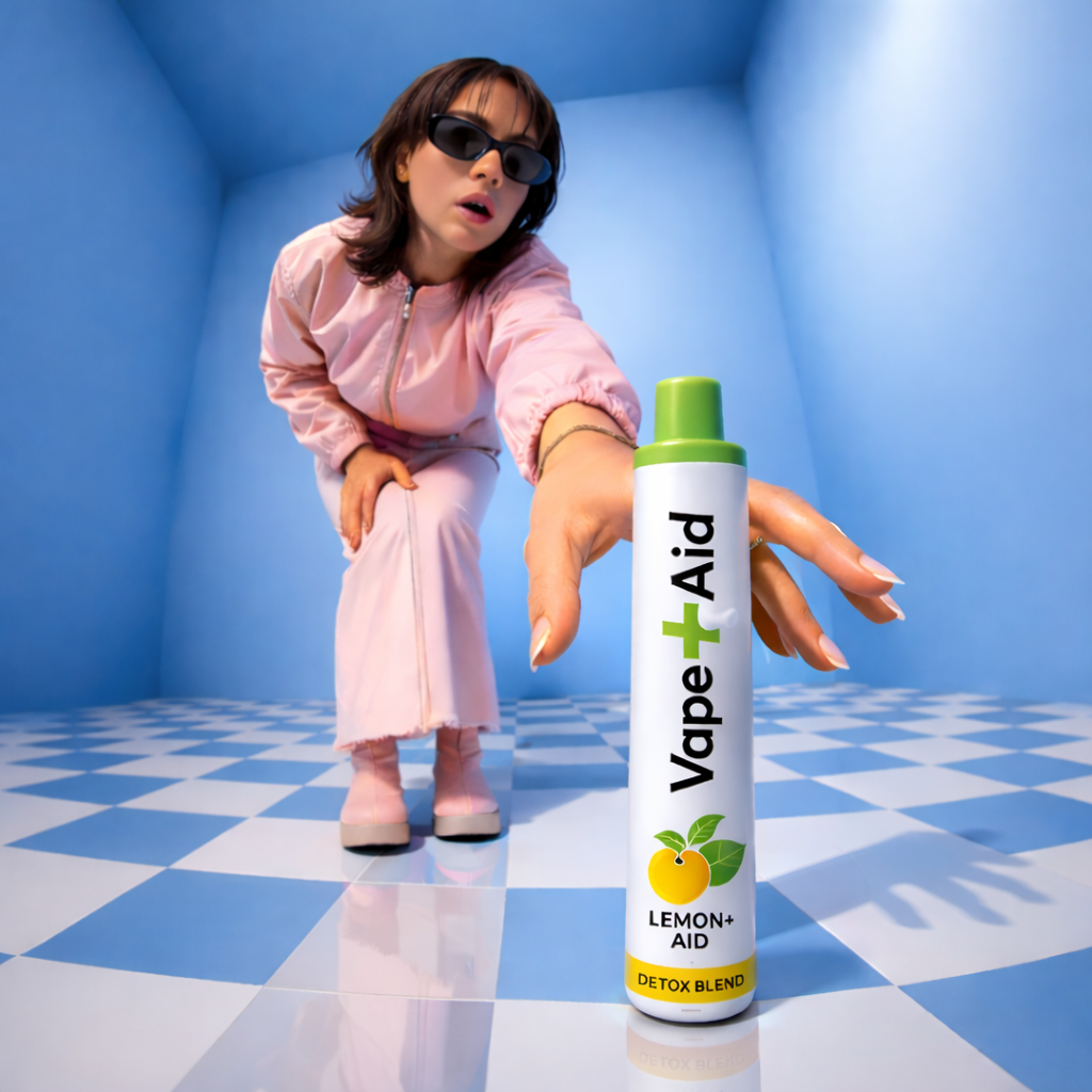 Person in pink outfit grabbing a Vape+Aid lemon aid detox blend diffuser on a blue and white checkered floor.