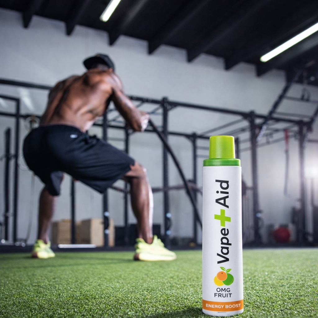Vape+Aid OMG Fruit energy boost diffuser with a man exercising in the background