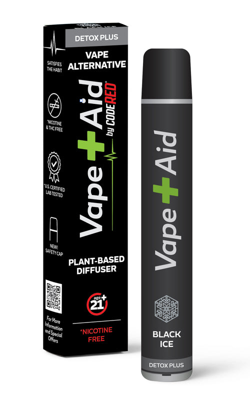 Vape Aid Black Ice Detox Plus box and diffuser, nicotine-free plant-based vape alternative.