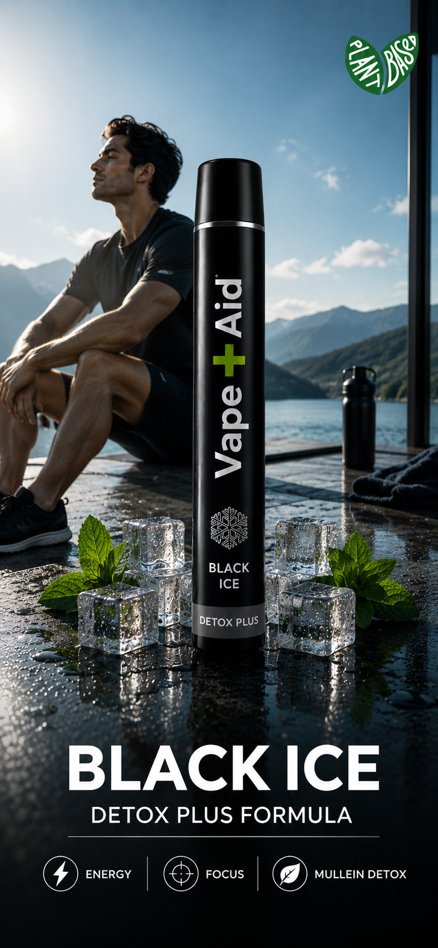 Vape Aid Black Ice Detox Plus disposable vape with mint leaves and ice cubes, lakeside background.