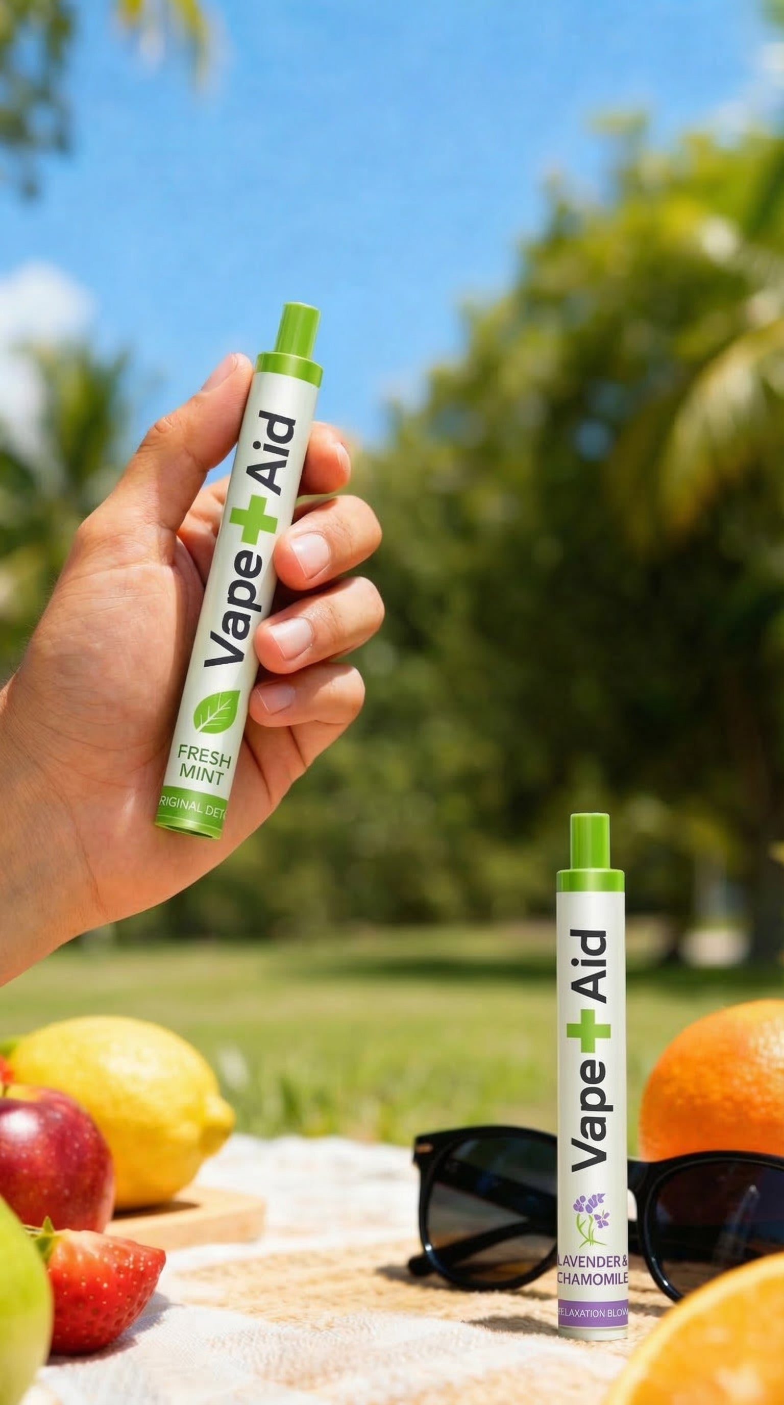 Hand holding a Vape+Aid product with a scenic background of trees and sky.