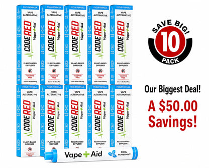 Vape+Aid Code Red Cool Peppermint Flavor Focus Formula Blend 10-pack, plant-based nicotine-free diffuser, $50 savings bundle.