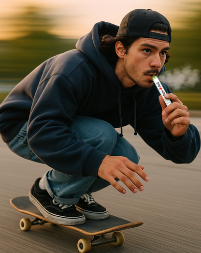 Man on a skateboard using a Vape+Aid diffuser with a blurred natural background