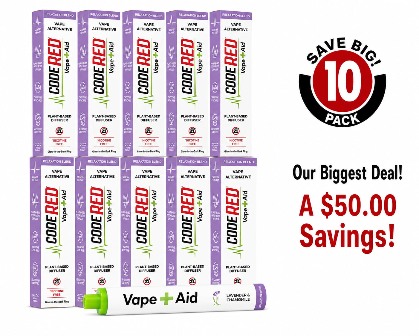 Vape+Aid Code Red Lavender & Chamomile Relaxation Blend 10-pack, plant-based nicotine-free diffuser, $50 savings bundle.