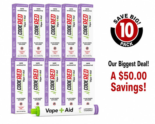 Vape+Aid Code Red Lavender & Chamomile Relaxation Blend 10-pack, plant-based nicotine-free diffuser, $50 savings bundle.