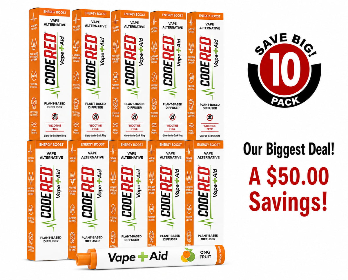 Vape+Aid Code Red OMG Fruit Flavor Energy Boost Blend 10-pack, plant-based nicotine-free diffuser, $50 savings bundle.