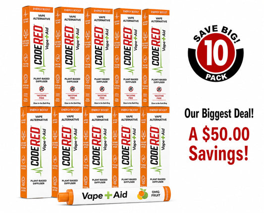 Vape+Aid Code Red OMG Fruit Flavor Energy Boost Blend 10-pack, plant-based nicotine-free diffuser, $50 savings bundle.