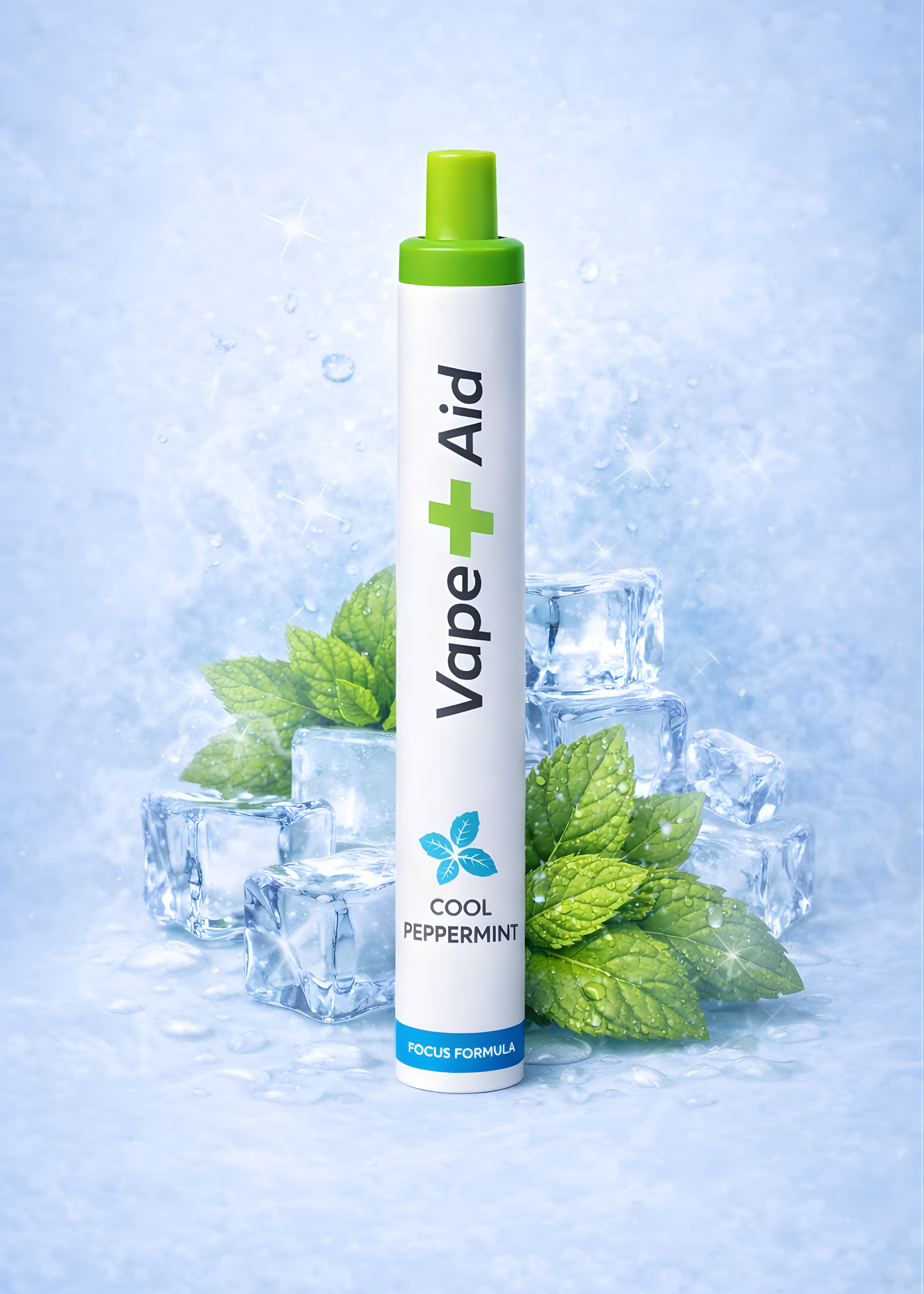 Vape+Aid Cool Peppermint focus formula diffuser with mint leaves and ice cubes on a light blue background