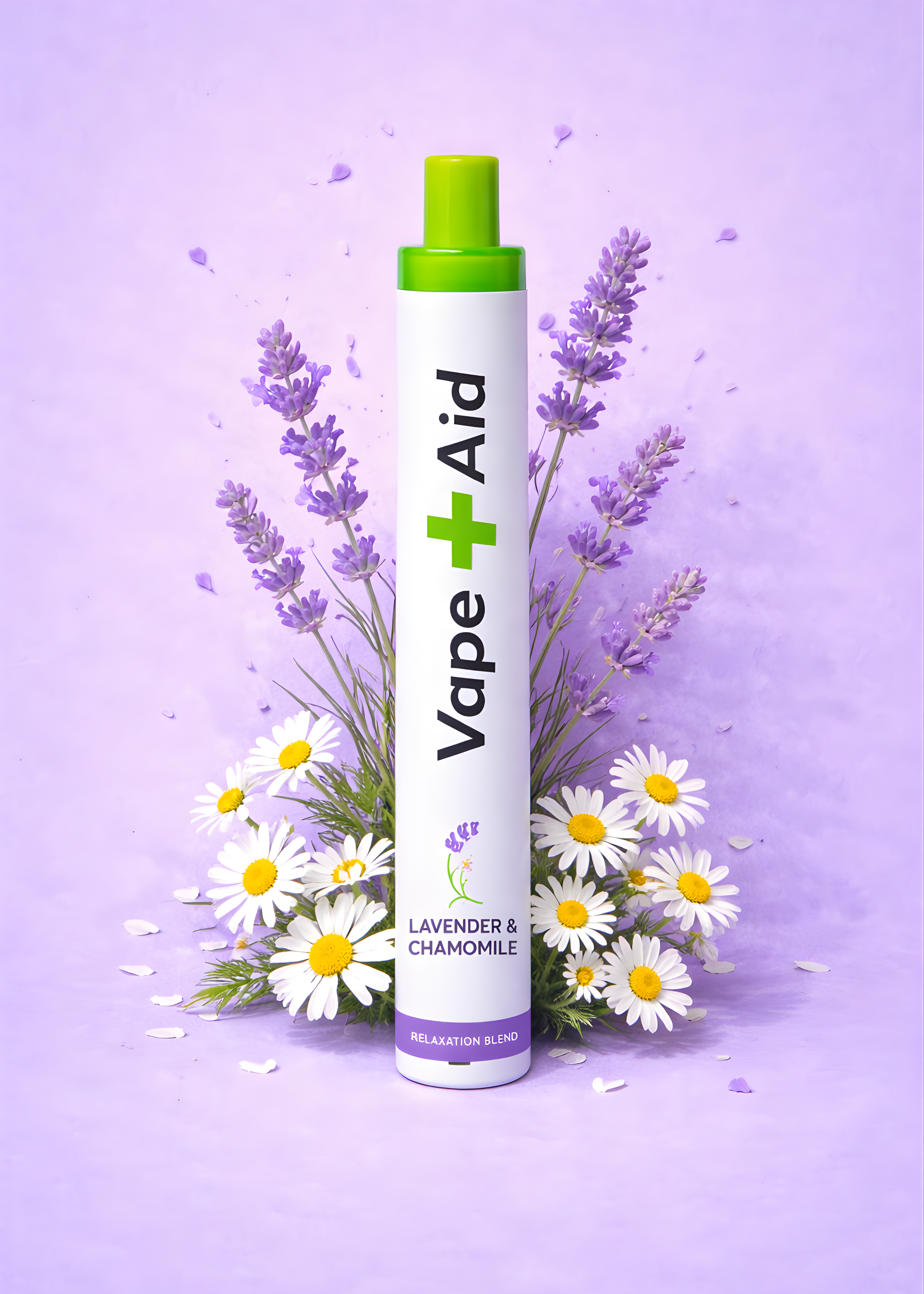 Vape+Aid lavender and chamomile relaxation blend diffuser with flowers on a purple background