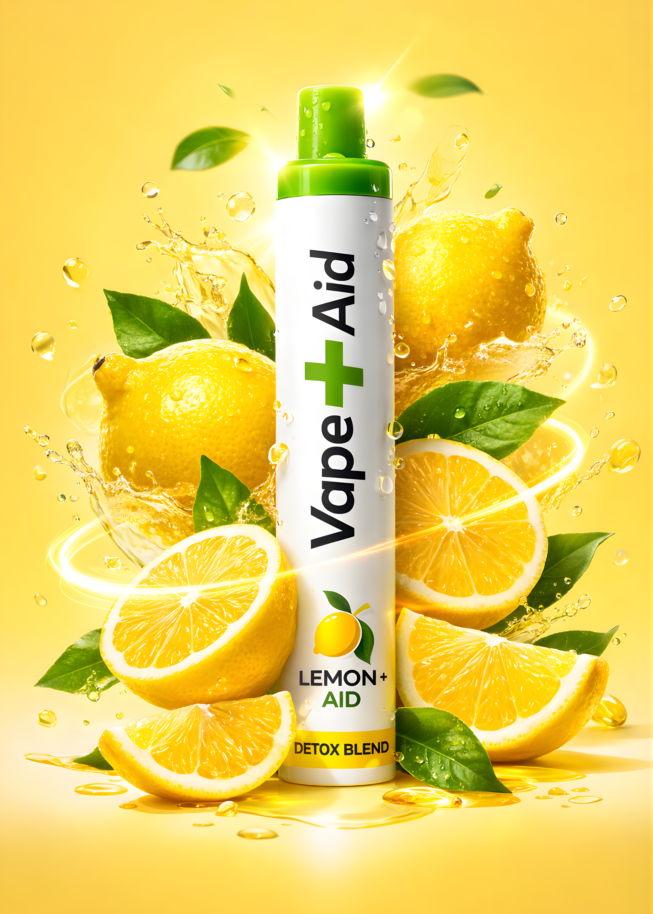 Vape+Aid Lemon Aid detox blend diffuser surrounded by lemons and green leaves on a yellow background
