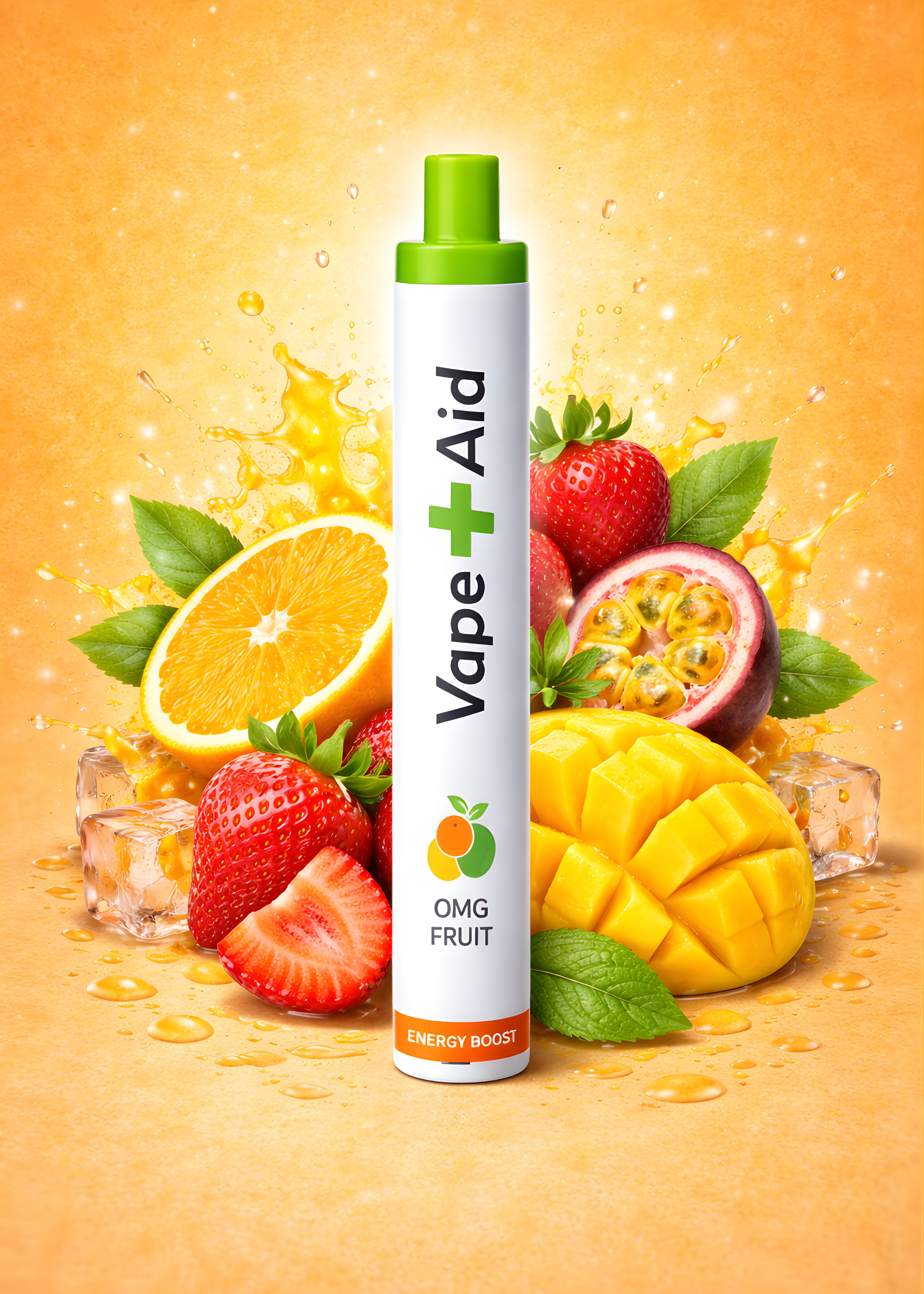 Vape+Aid OMG Fruit energy boost diffuser with fruits on a bright background