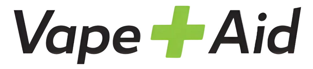 Vape+Aid logo with black text and a green plus sign