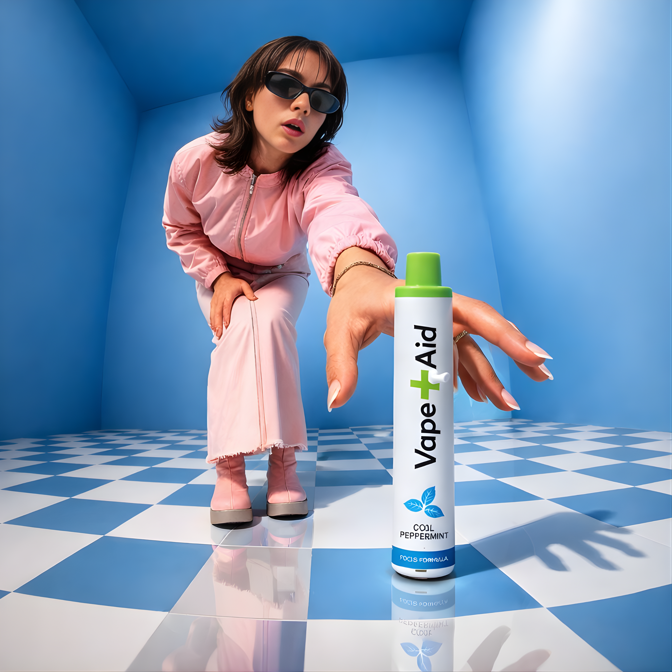 Person in pink outfit grabbing a Vape+Aid diffuser on a blue and white checkered floor.