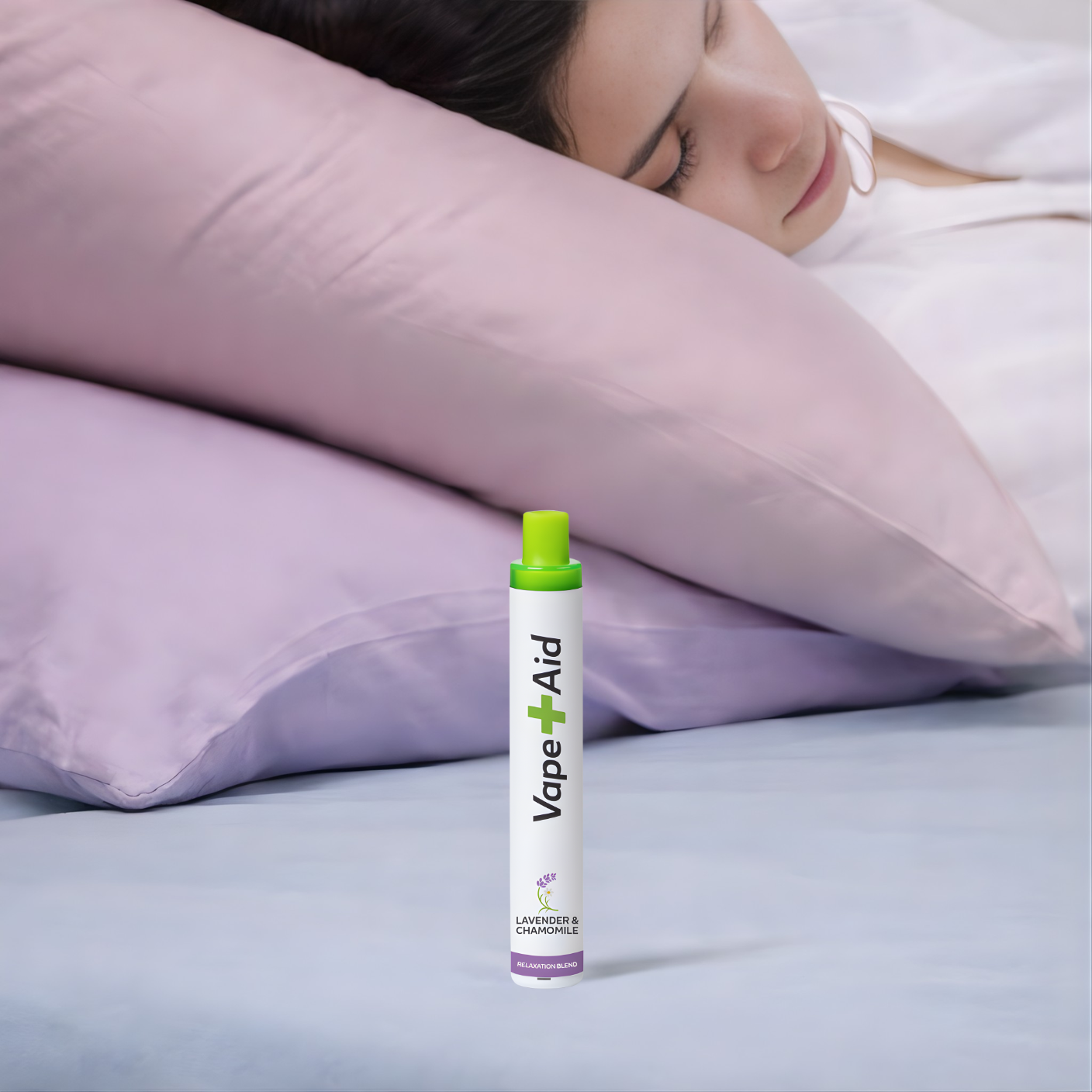 Vape+Aid lavender and chamomile diffuser on a bed with a woman sleeping in the background