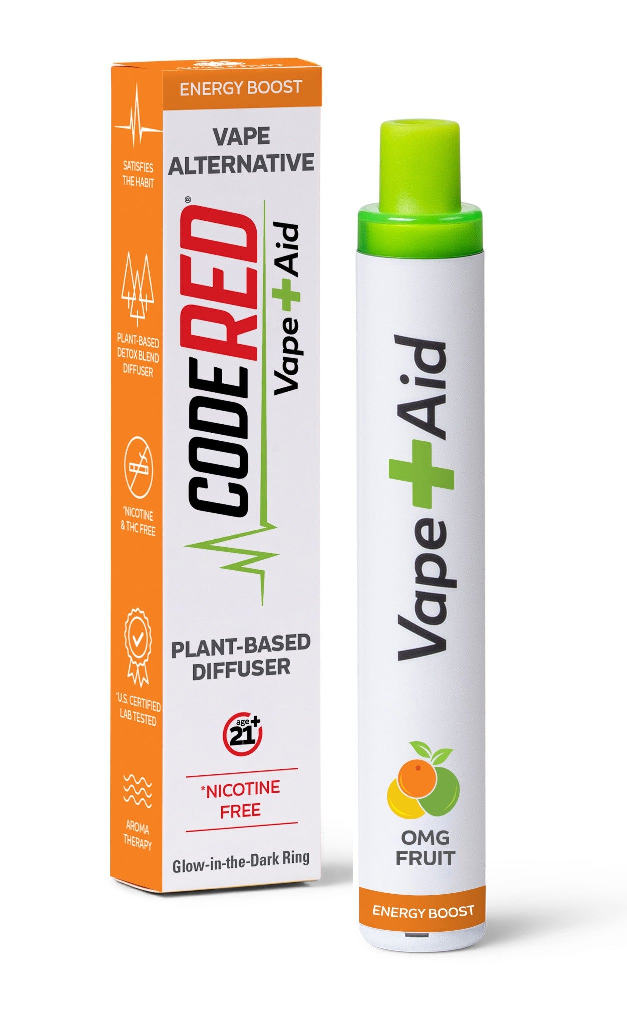 Vape + Aid OMG Fruit energy boost with packaging on a white background