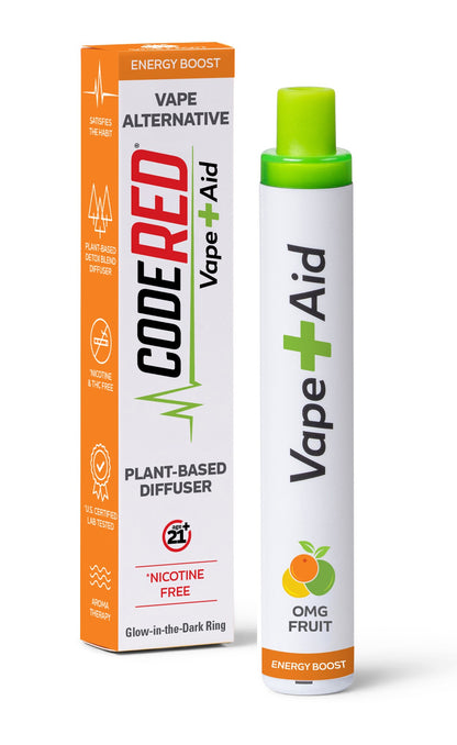 Vape + Aid OMG Fruit energy boost with packaging on a white background