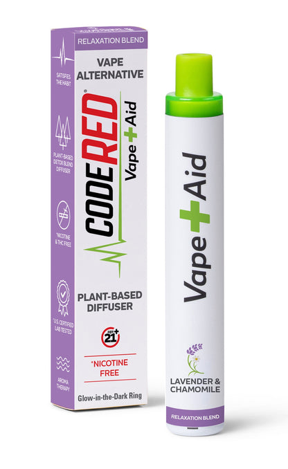 Vape + Aid Lavender & Chamomile relaxation blend with packaging on a white background