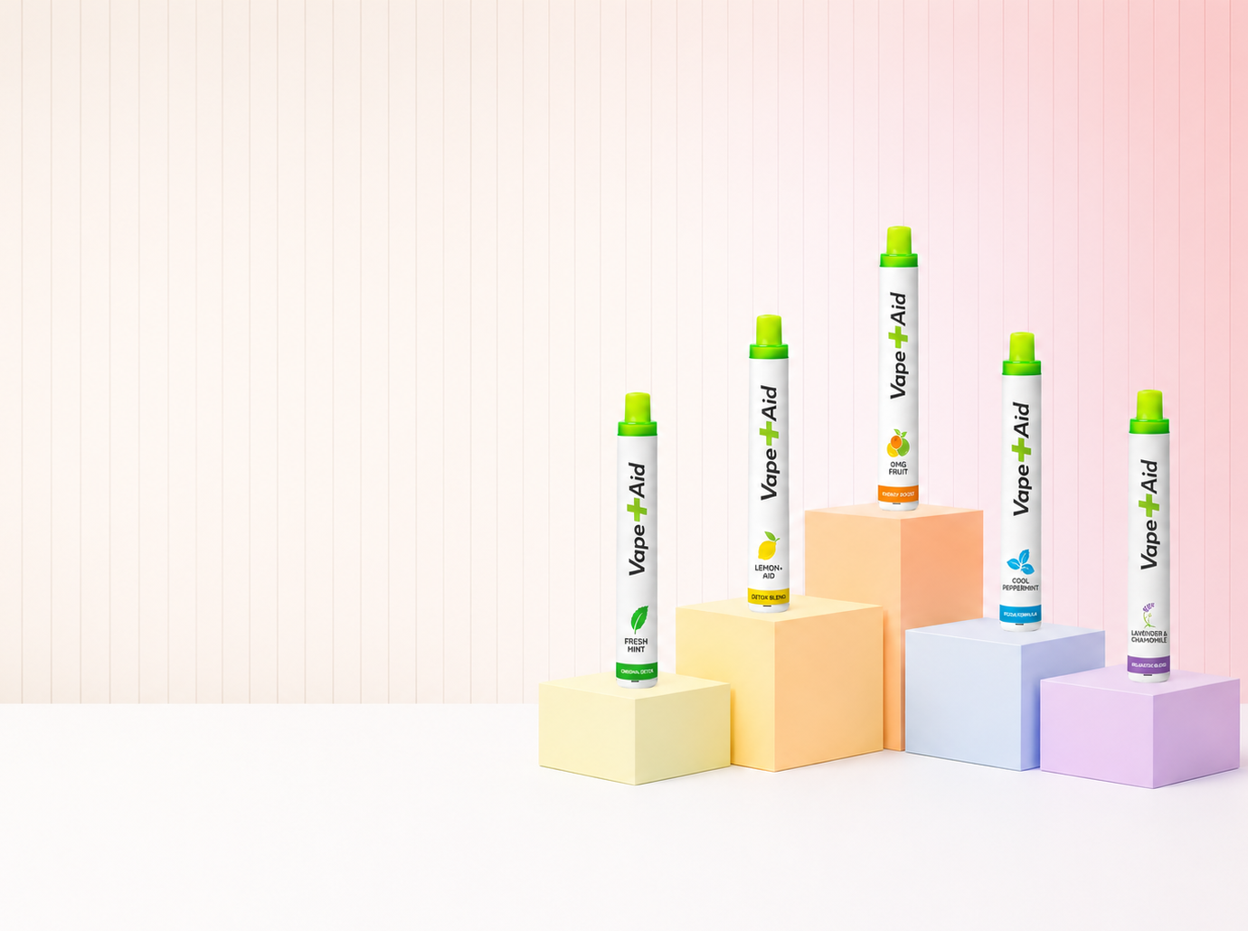 Vape+Aid products on colorful geometric blocks against a light pink background