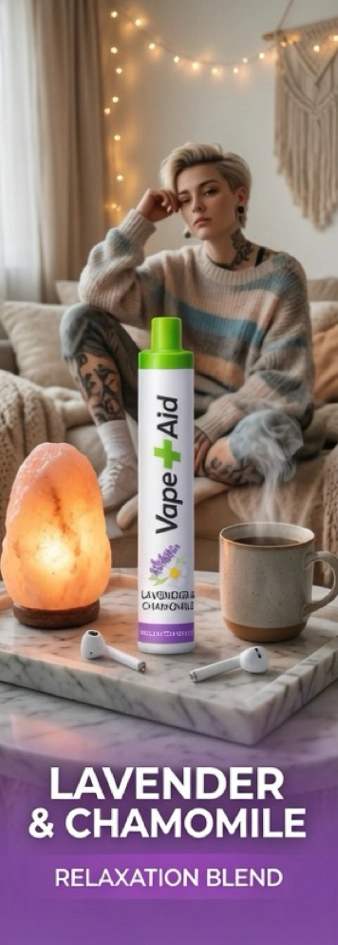 Vape+Aid Lavender and Chamomile Relaxation Blend diffuser on a table with a salt lamp and tea, cozy room setting.