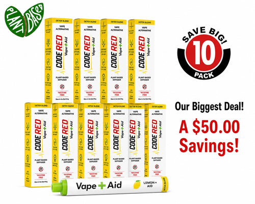 Vape+Aid Code Red Lemon+Aid Detox Blend 10-pack, plant-based nicotine-free diffuser, $50 savings bundle.