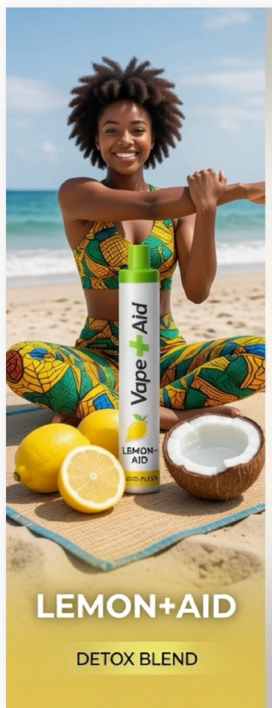 Vape+Aid Lemon+Aid Detox Blend diffuser on a beach mat with lemons and coconut, woman stretching in yoga pose.