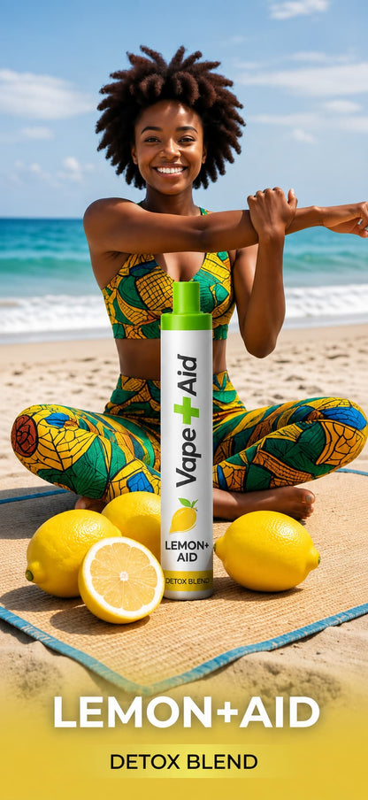 Vape+Aid Lemon+Aid Detox Blend diffuser on a beach mat with lemons, woman stretching in yoga pose.