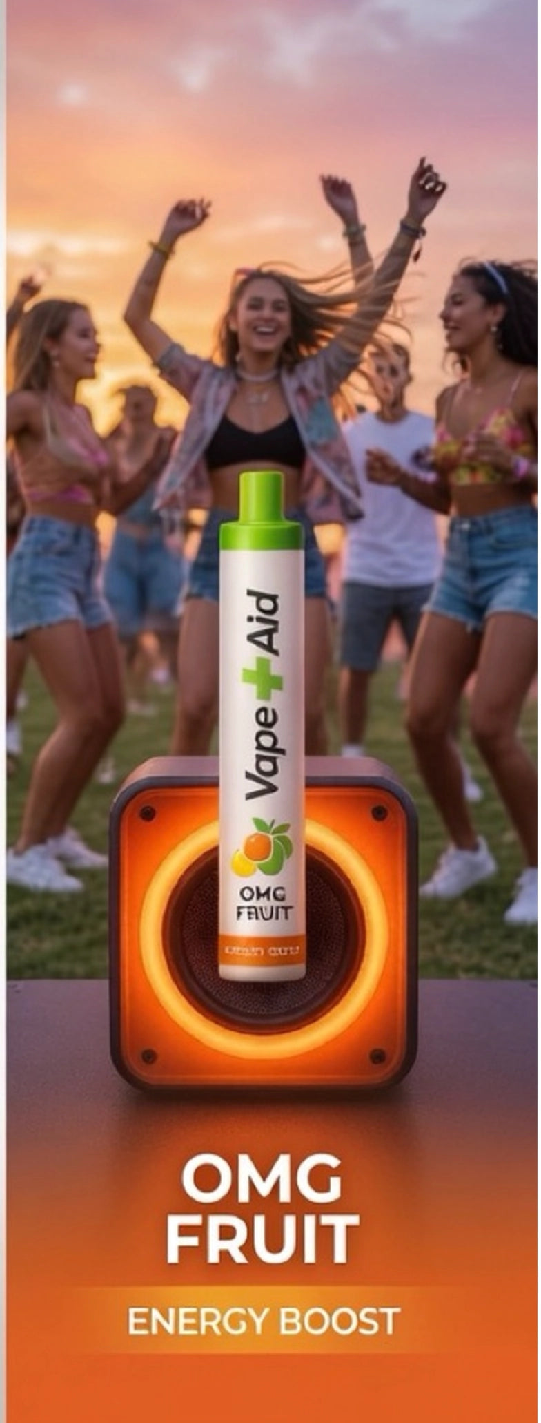 Vape+Aid OMG Fruit Energy Boost diffuser on a speaker at sunset, with people dancing in the background.
