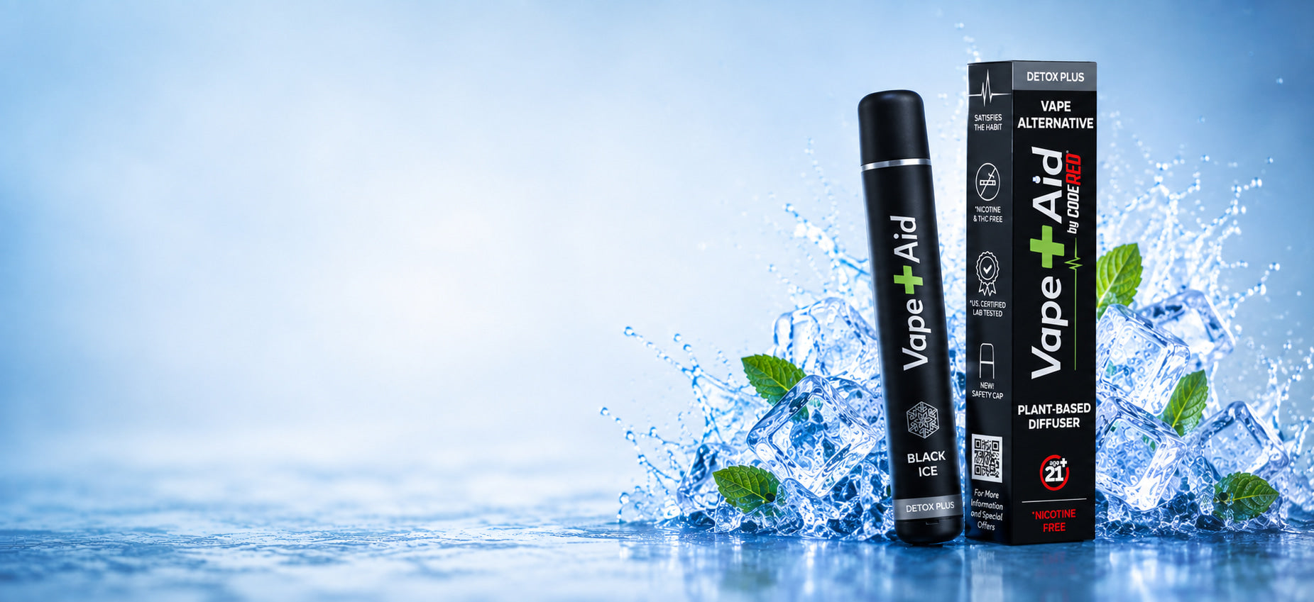 Vape Aid Black Ice Detox Plus hero banner with ice and mint, nicotine-free plant-based vape alternative.