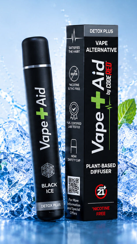 Vape Aid Black Ice Detox Plus hero banner with ice and mint, nicotine-free plant-based vape alternative.